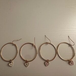 Gold Hoop Earrings with Small Pink Heart Charms - Women Jewelry